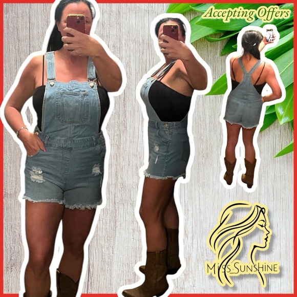 Love Tree Denim - Sz L - Denim Distressed short Overall - lightweight 1% spandex - Picture 1 of 4
